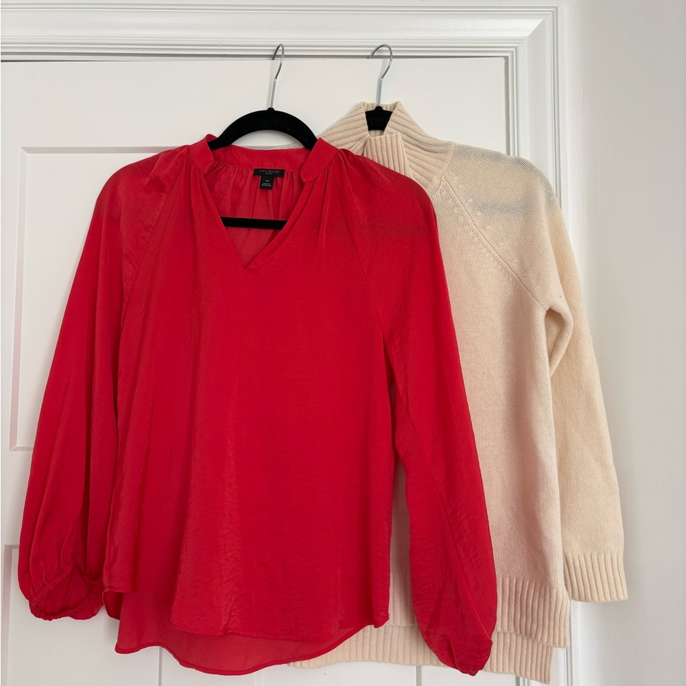 Ann Taylor Red Blouse and Wool Blend Cream Turtleneck Sweater Bundle